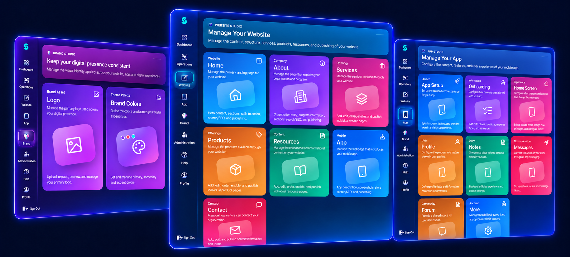 Stratoum Experience Layer showing Brand Studio, Website Studio, and App Studio