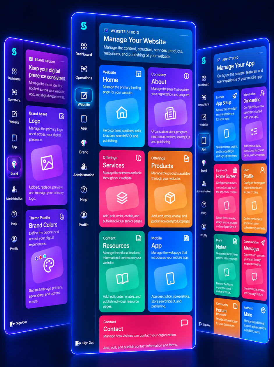 Stratoum Experience Layer showing Brand Studio, Website Studio, and App Studio
