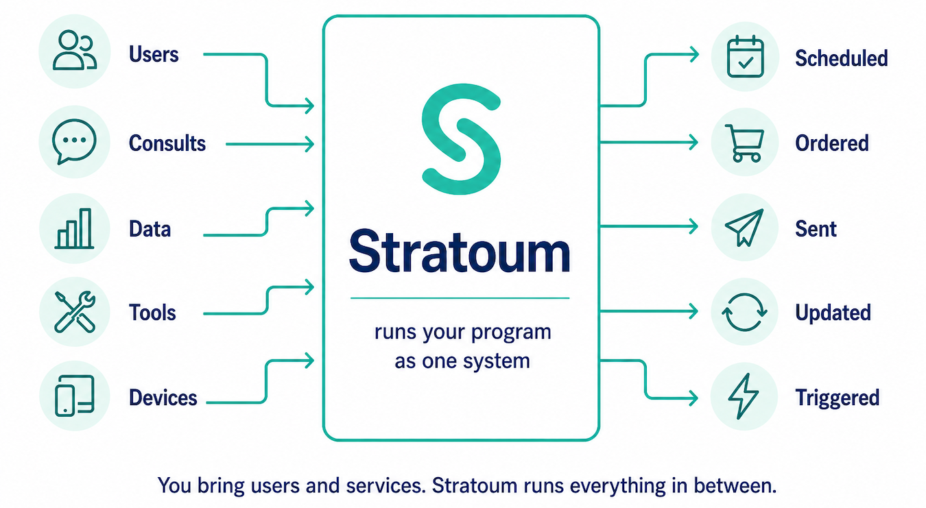 Diagram showing Stratoum as a central platform that runs programs as one system.